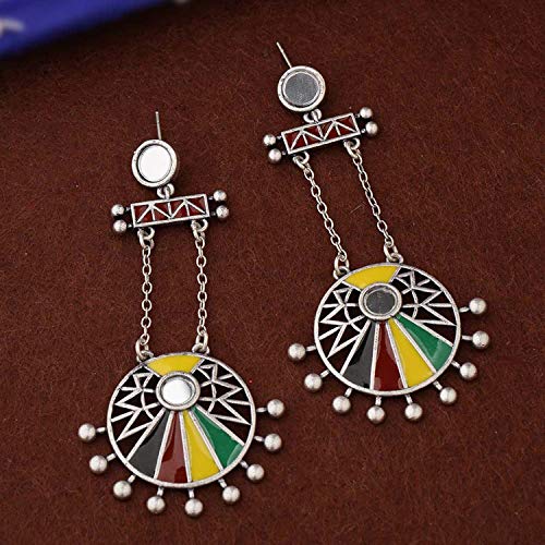 Brass Oxidised Colorful Circles Long Drop Earrings, Statement Style
